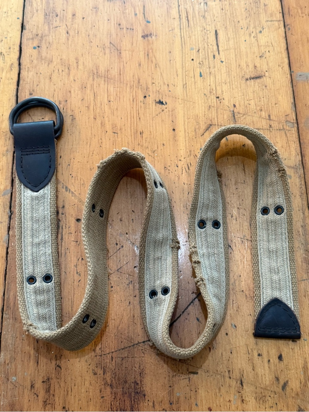 Canvas Belt Grommets Leather Trim Tan Brown WWII Replica 100% Cotton Distressed